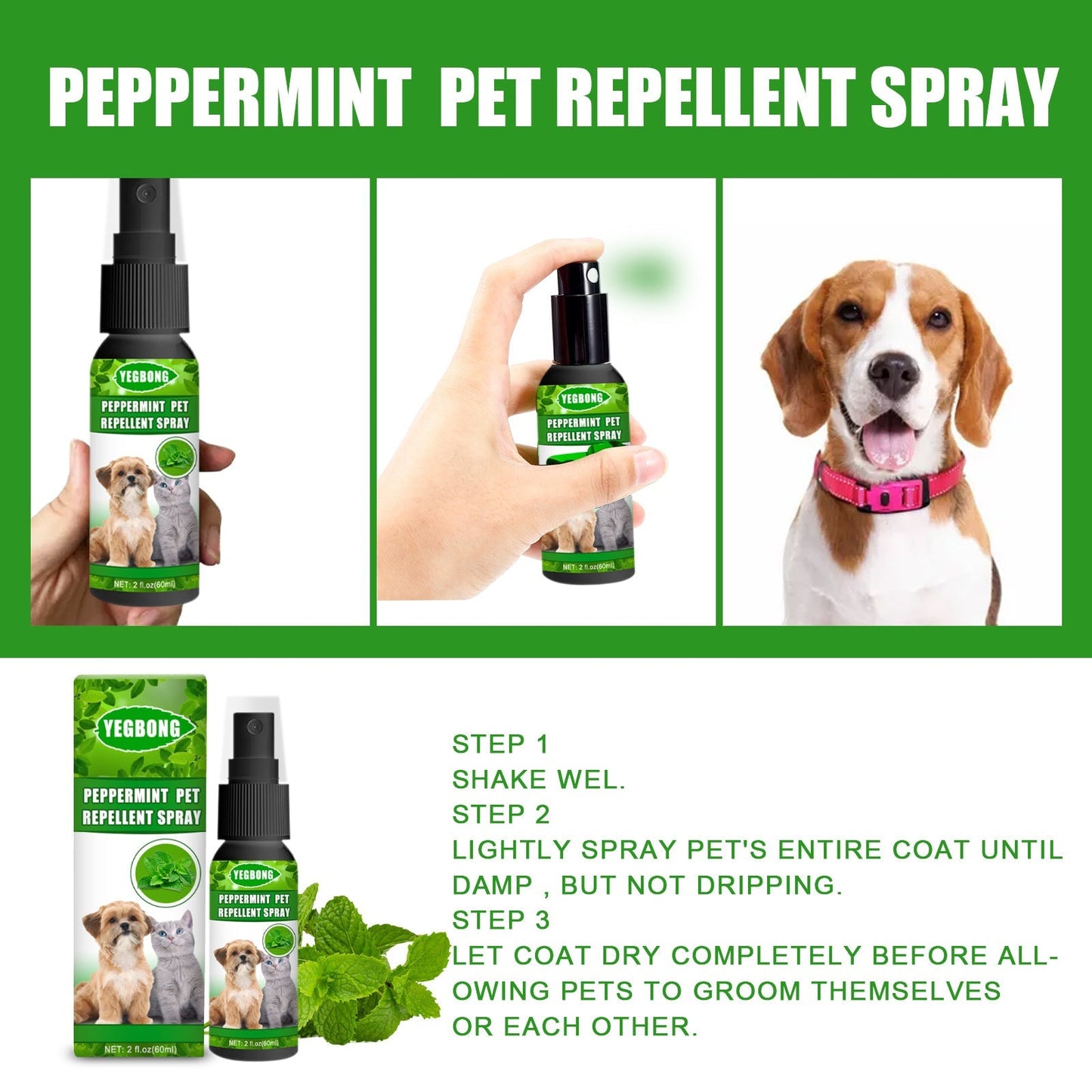 Yegbong Mint Pet Mite Spray Remove Fleas Mites and Fungal Growth for Dogs and Cats
