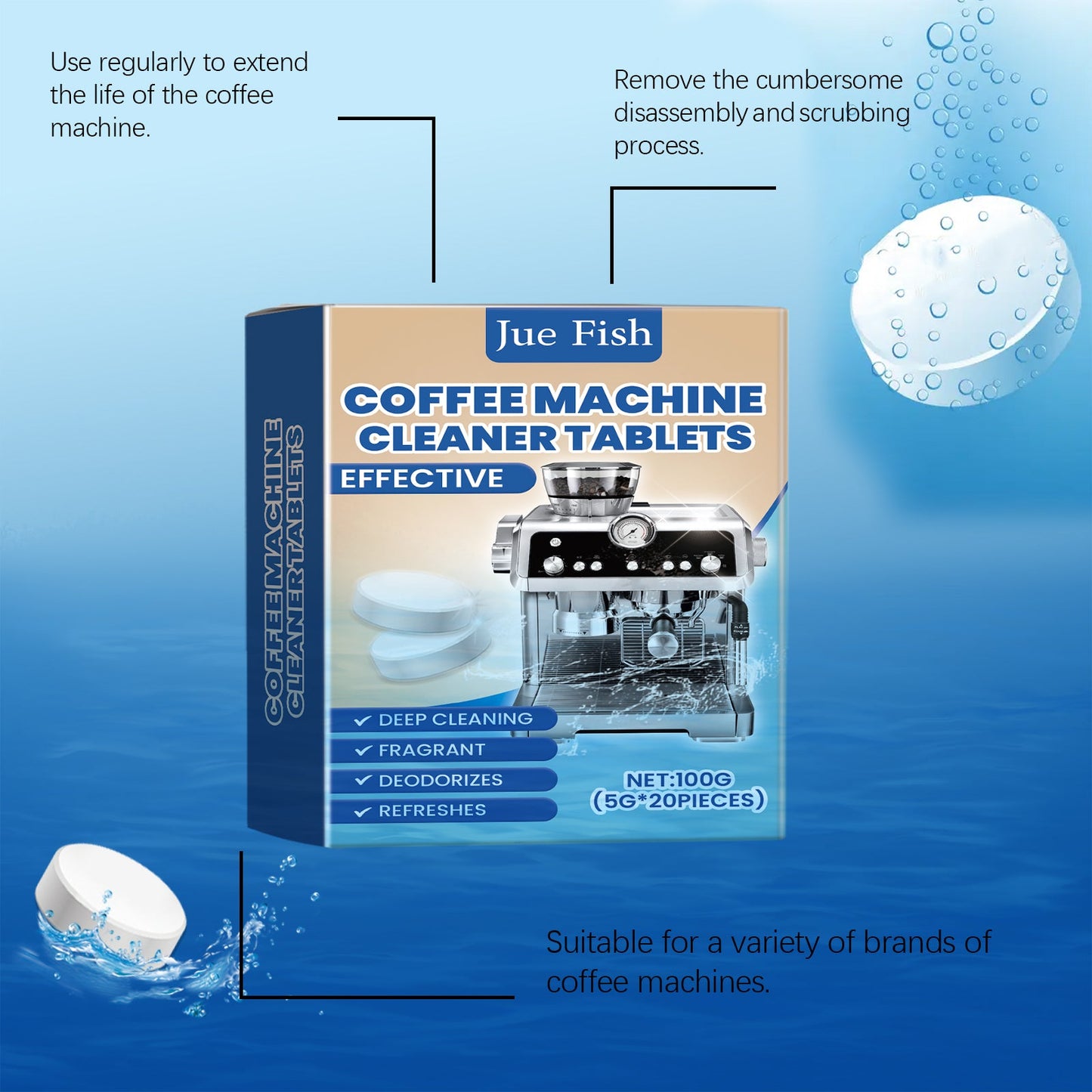 Jue-Fish Coffee Maker Descaling Tablets Powerful Cleaning for Fresh and Pure Brewing