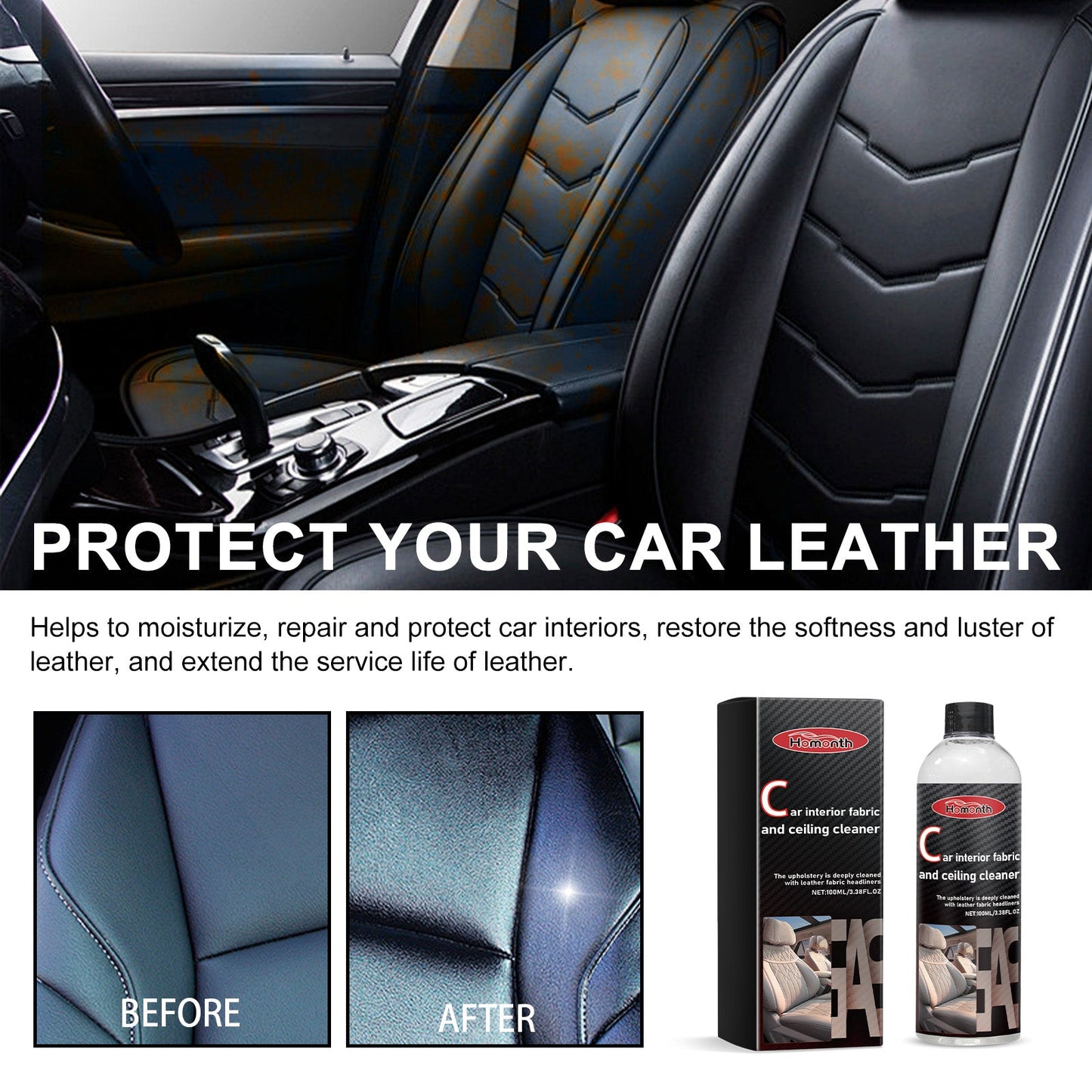 Homonth Automotive Leather Care Polish Clean Remove Stains and Revitalize Seats
