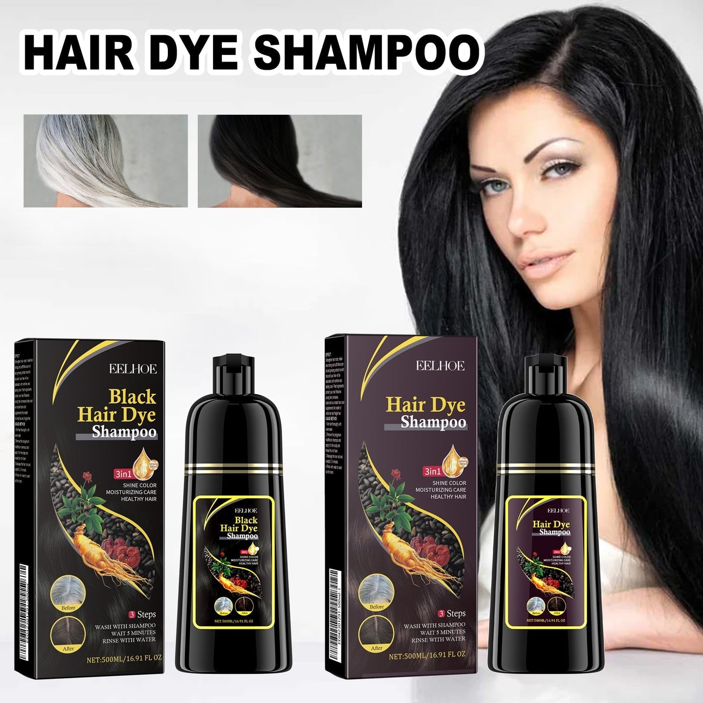 EELHOE Black Hair Shampoo He Shou Wu Extract Nourish and Strengthen Hair Smooth and Healthy